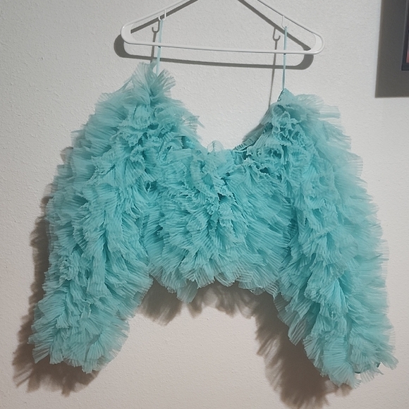 Selezza London Ruffled Mesh Crop Top in Aqua Size S - Picture 11 of 12